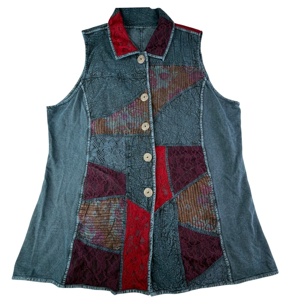 Parsley & Sage Reversible Patchwork Lace Art to Wear‎ Boho Vest XL Festival